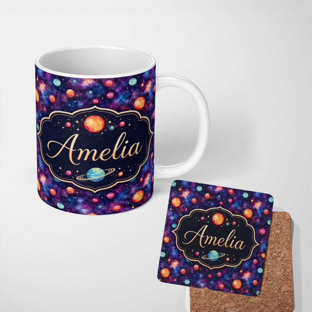 Personalized Custom Name Colorful Cartoon Planets Galaxy Purple Space Seamless Pattern Fun 11oz Ceramic Coffee Tea Mug White Large Handle