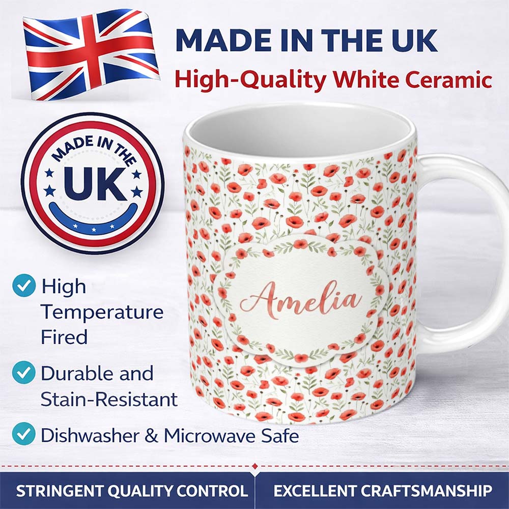 Personalized Custom Name Delicate Red Poppy Watercolor Floral Pattern Soft Botanical Seamless 11oz Ceramic Coffee Tea Mug White Large Handle