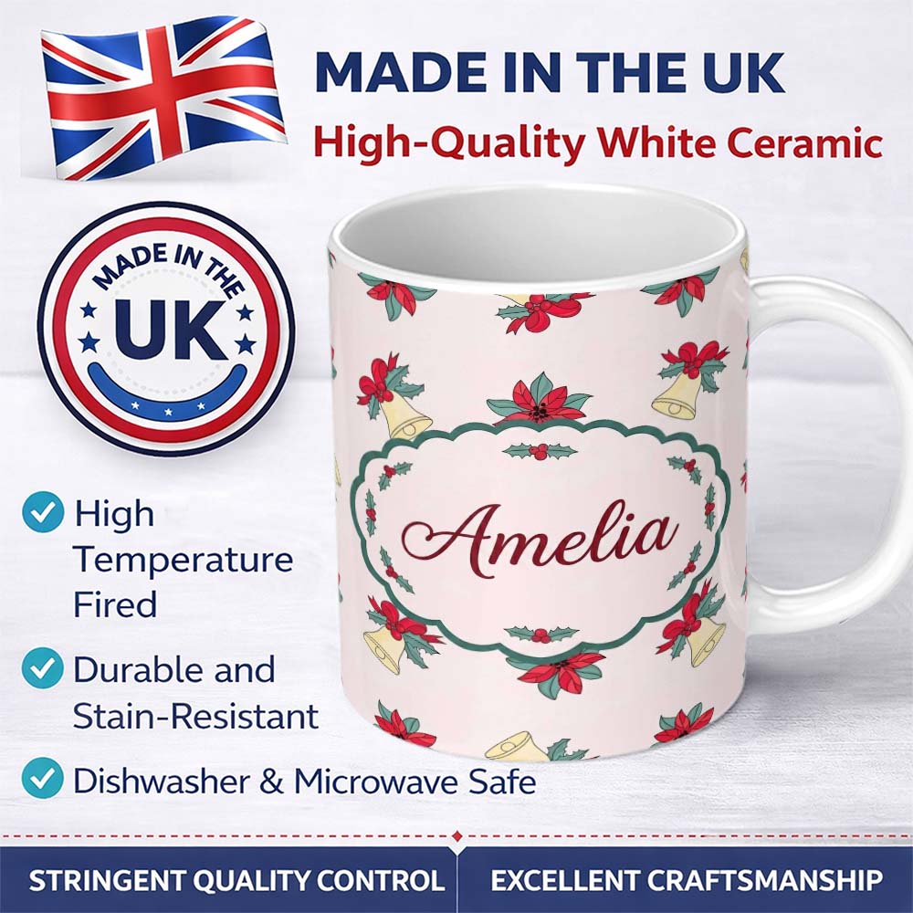 Personalized Custom Name Poinsettia Flower Christmas Bell Holly Seamless Pattern Lovely 11oz Ceramic Coffee Tea Mug White Large Handle