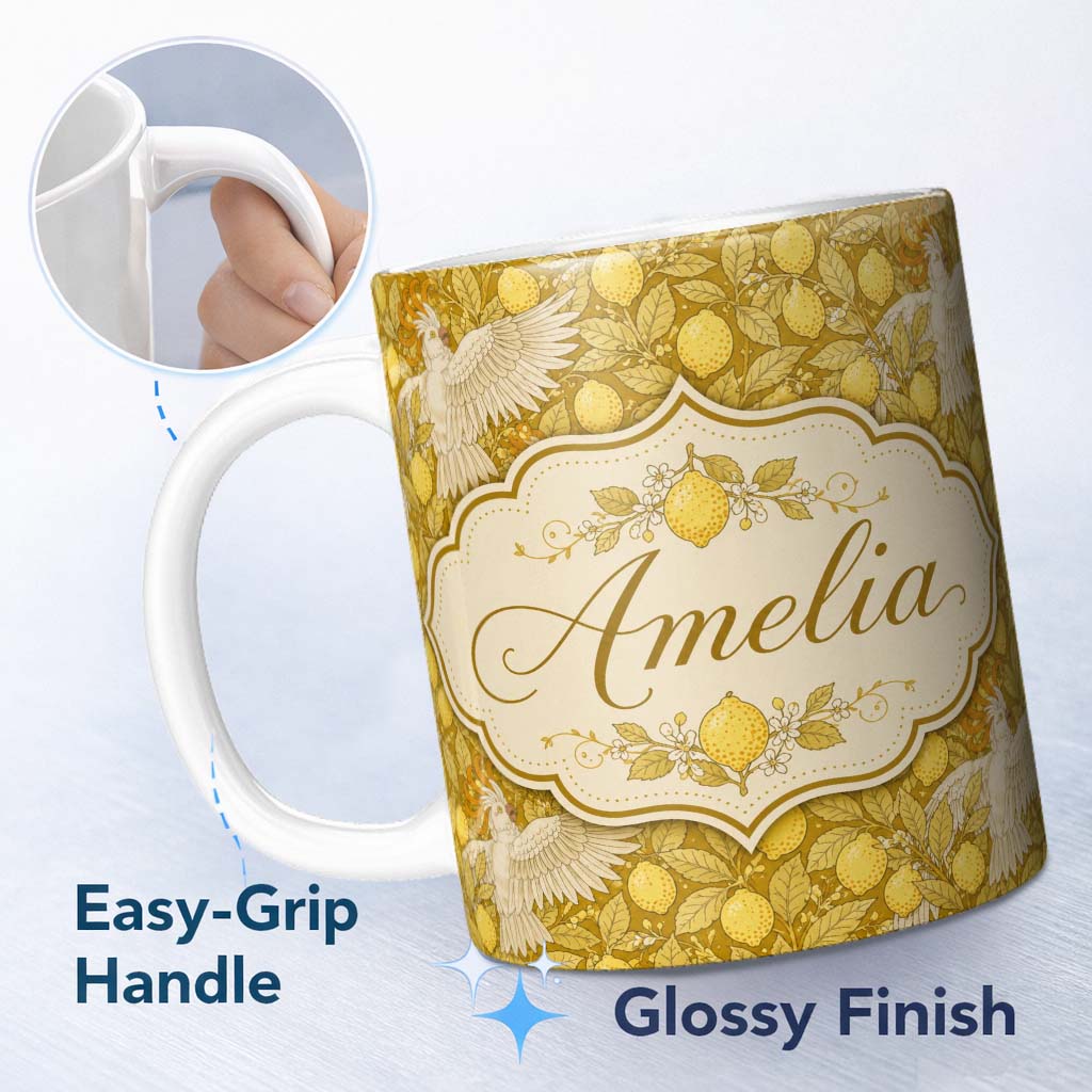 Personalized Custom Name White Cockatoo Birds with Yellow Fruit Leaves Seamless Pattern 11oz Ceramic Coffee Tea Mug White Large Handle
