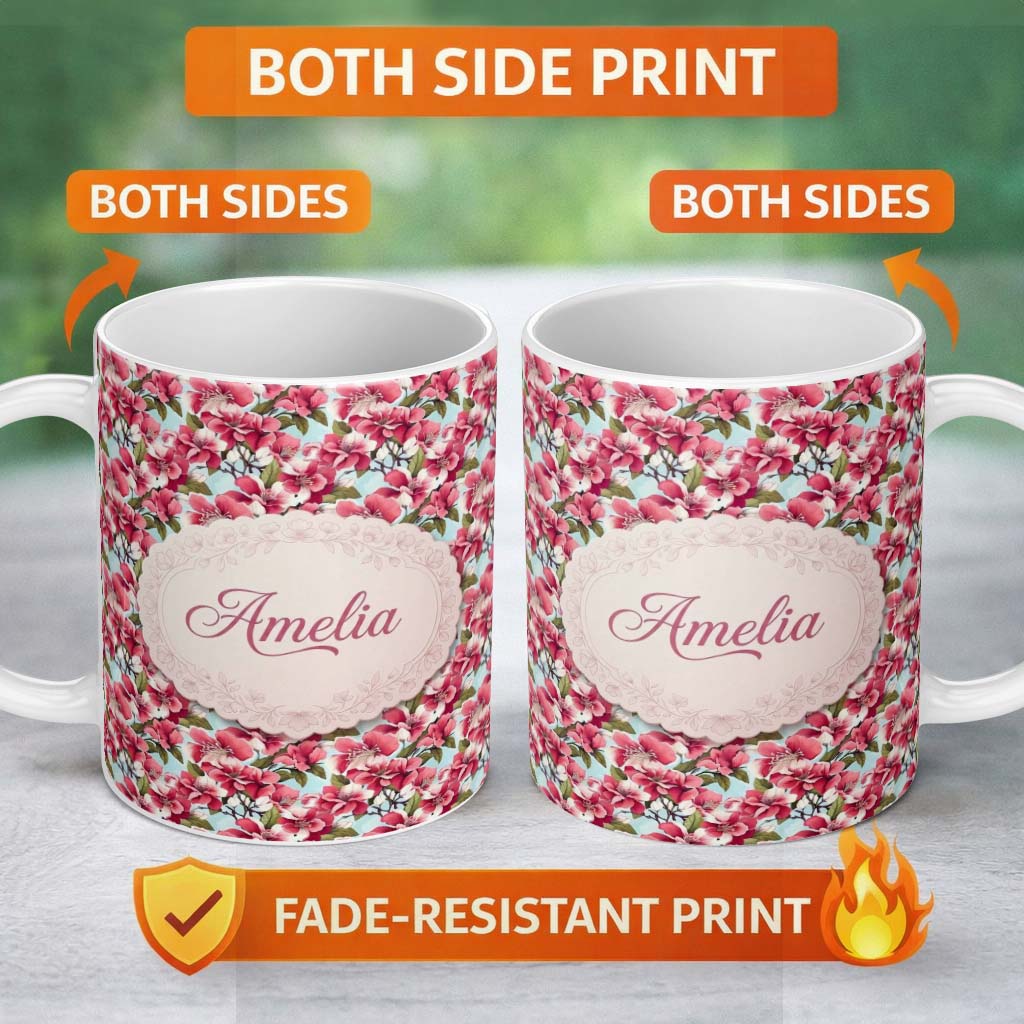 Personalized Custom Name Soft Pink Blossoms on Light Blue Background Seamless Pattern Name 11oz Ceramic Coffee Tea Mug White Large Handle