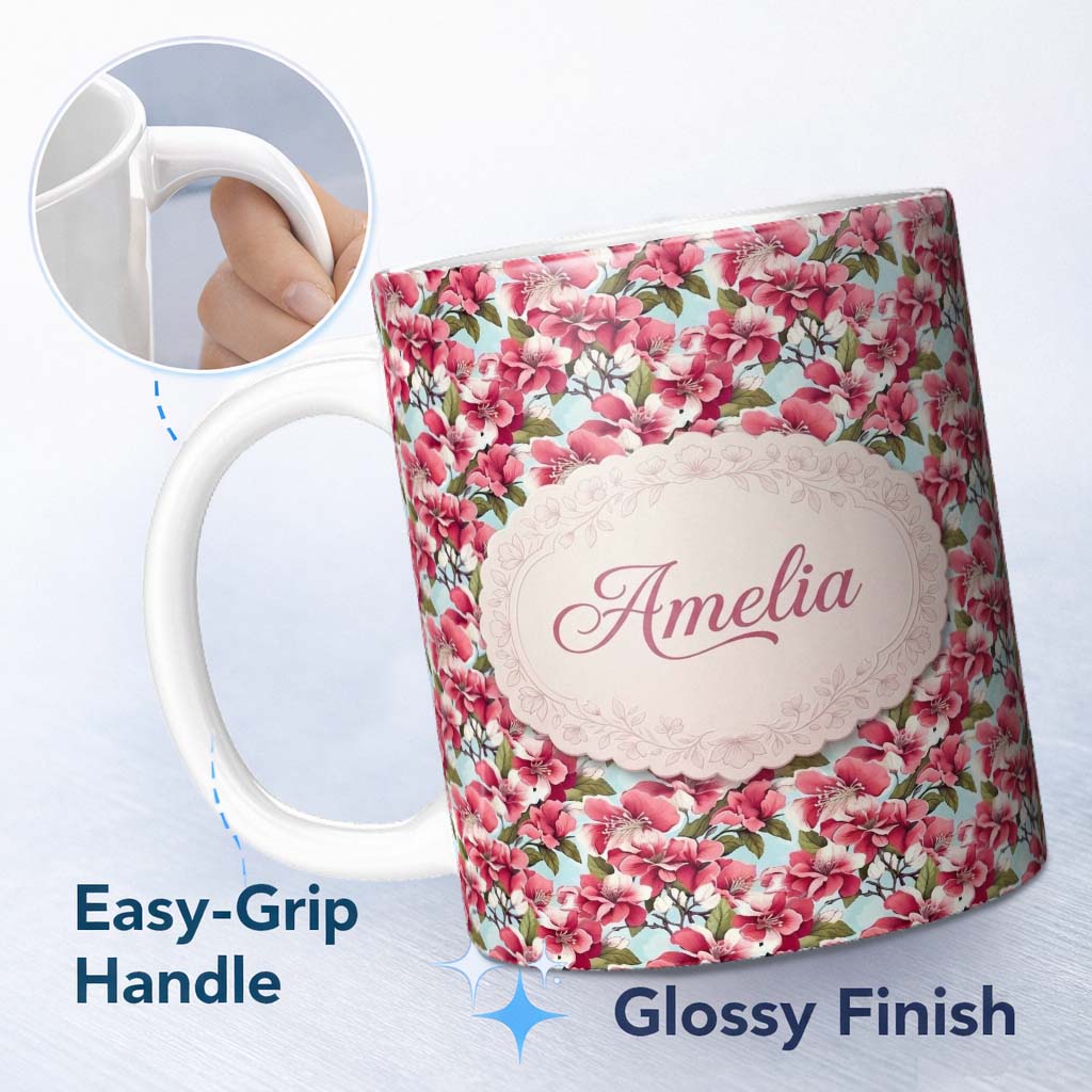 Personalized Custom Name Soft Pink Blossoms on Light Blue Background Seamless Pattern Name 11oz Ceramic Coffee Tea Mug White Large Handle