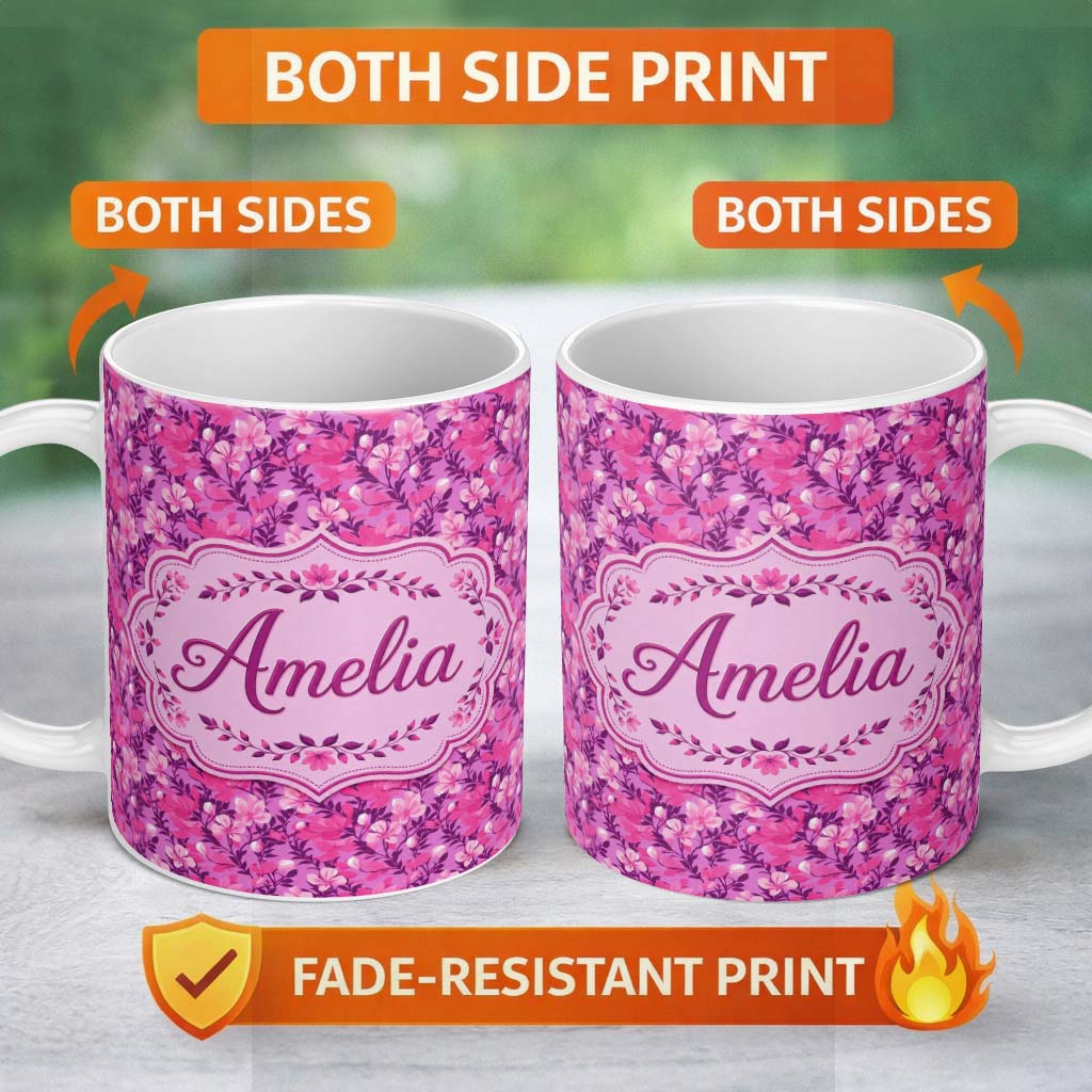 Personalized Custom Name Vibrant Pink Floral Garden on Purple Background Seamless Pattern 11oz Ceramic Coffee Tea Mug White Large Handle