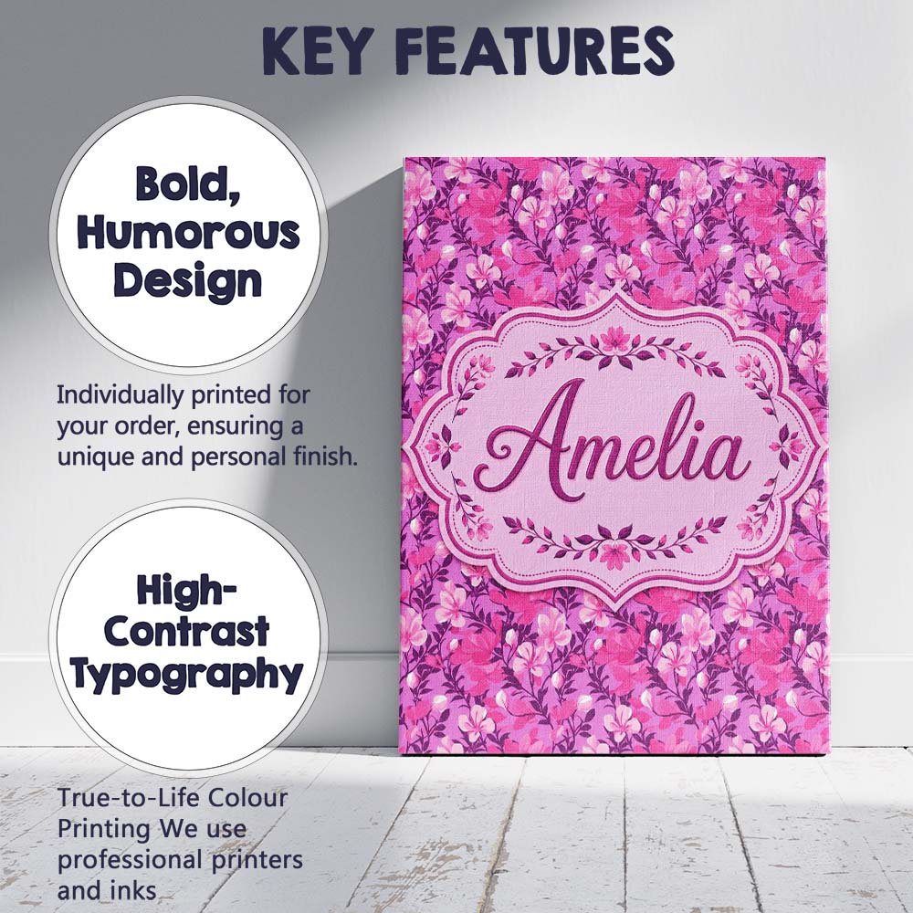 Personalised Name Vibrant Pink Floral Custom Modern Room Accent Creative Decorator Style Canvas Wall Art Print Decor Picture Ready to Hang