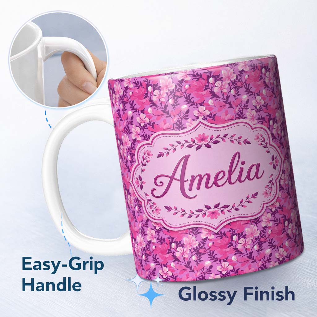 Personalized Custom Name Vibrant Pink Floral Garden on Purple Background Seamless Pattern 11oz Ceramic Coffee Tea Mug White Large Handle