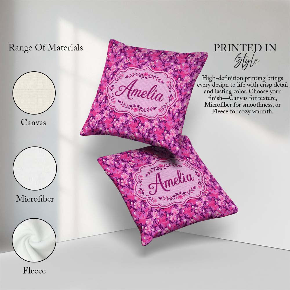 Custom Name Vibrant Pink Floral Garden Purple Background Pattern Square Filled Cushion Throw Pillow Sofa Bed Home Decor Zip Washable UK Made