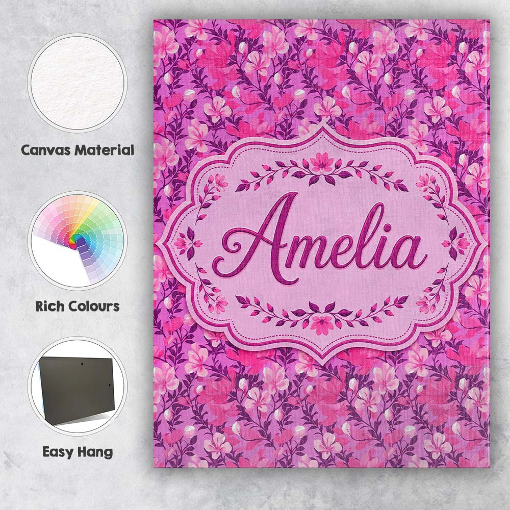 Personalised Name Vibrant Pink Floral Custom Modern Room Accent Creative Decorator Style Canvas Wall Art Print Decor Picture Ready to Hang