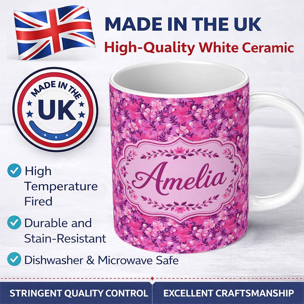 Personalized Custom Name Vibrant Pink Floral Garden on Purple Background Seamless Pattern 11oz Ceramic Coffee Tea Mug White Large Handle