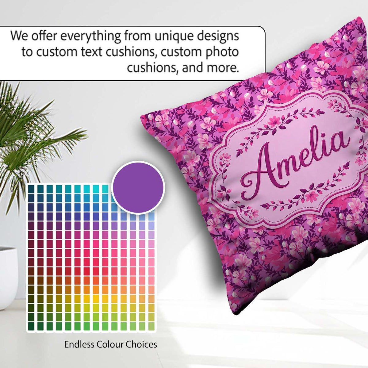 Custom Name Vibrant Pink Floral Garden Purple Background Pattern Square Filled Cushion Throw Pillow Sofa Bed Home Decor Zip Washable UK Made