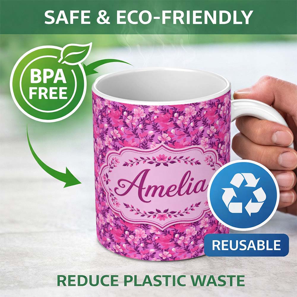 Personalized Custom Name Vibrant Pink Floral Garden on Purple Background Seamless Pattern 11oz Ceramic Coffee Tea Mug White Large Handle
