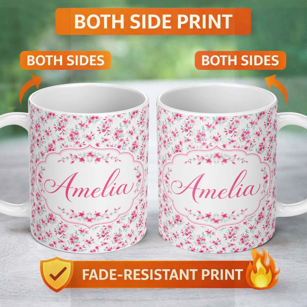 Personalized Custom Name Light Cherry Blossom Branches on Soft Grey Background Seamless 11oz Ceramic Coffee Tea Mug White Large Handle