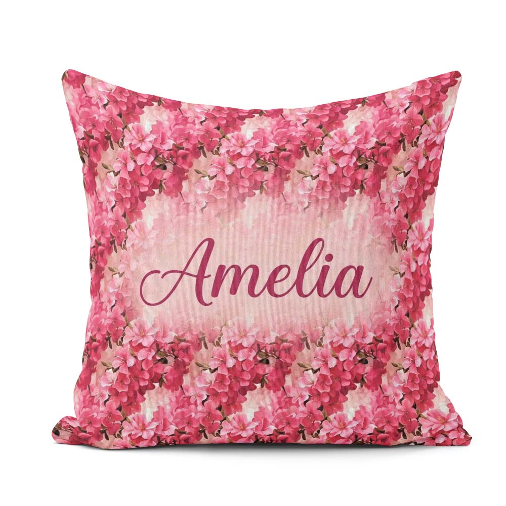 Custom Name Romantic Pink Blossoms on Pastel Background Seamless Square Filled Cushion Throw Pillow Sofa Bed Home Decor Zip Washable UK Made