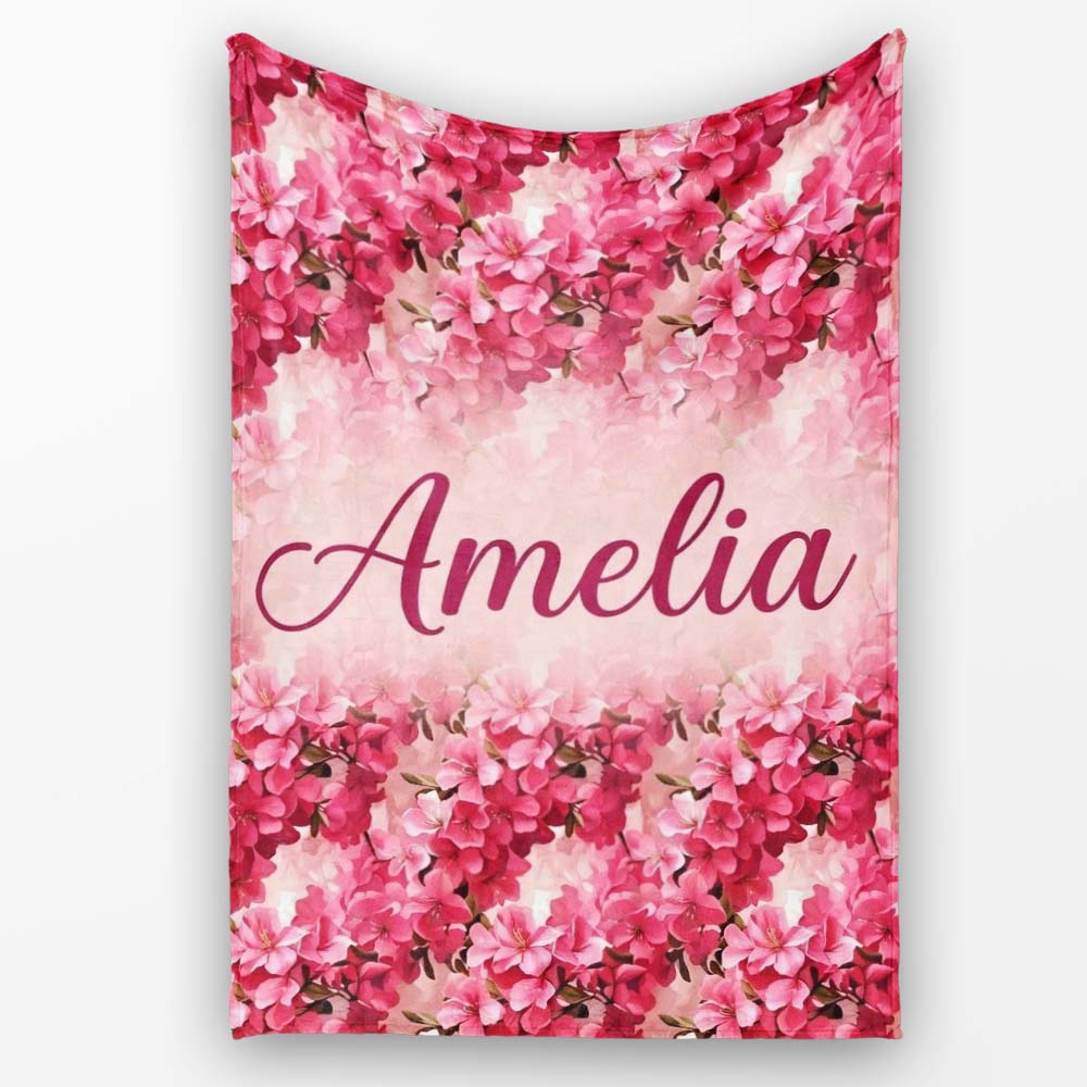 Romantic Pink Blossoms on Warm Pastel Background Seamless Pattern Personalised Custom Name Super Soft Fleece Blanket Bed Sofa Throw