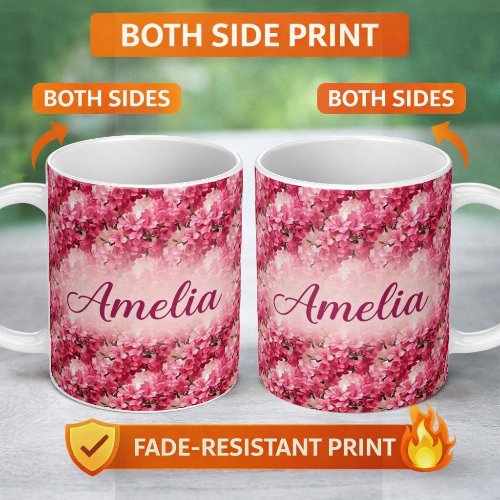 Personalized Custom Name Romantic Pink Blossoms on Warm Pastel Background Seamless Pattern 11oz Ceramic Coffee Tea Mug White Large Handle