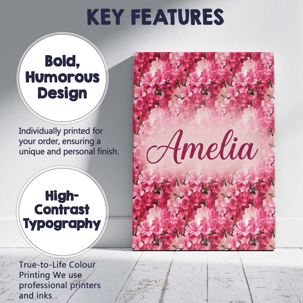 Personalised Name Romantic Pink Blossoms on Custom Bespoke Interior Contemporary Canvas Wall Art Print Decor Picture Ready to Hang