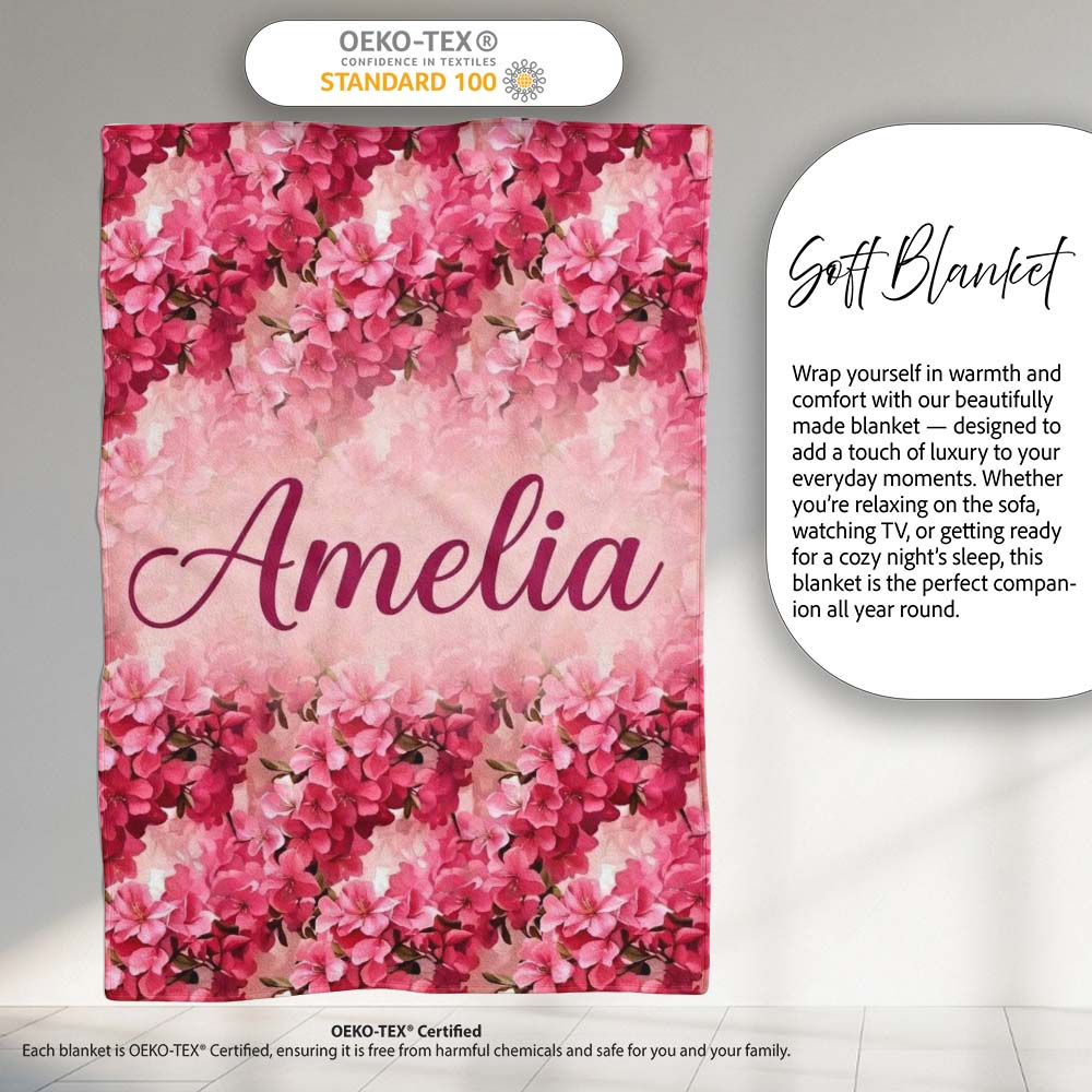 Romantic Pink Blossoms on Warm Pastel Background Seamless Pattern Personalised Custom Name Super Soft Fleece Blanket Bed Sofa Throw