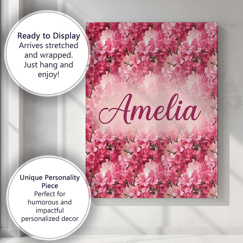 Personalised Name Romantic Pink Blossoms on Custom Bespoke Interior Contemporary Canvas Wall Art Print Decor Picture Ready to Hang