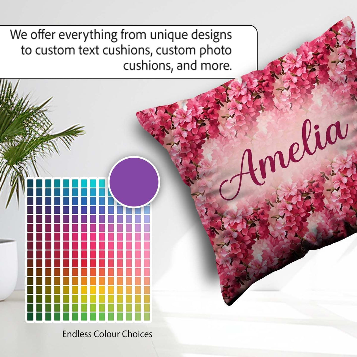 Custom Name Romantic Pink Blossoms on Pastel Background Seamless Square Filled Cushion Throw Pillow Sofa Bed Home Decor Zip Washable UK Made