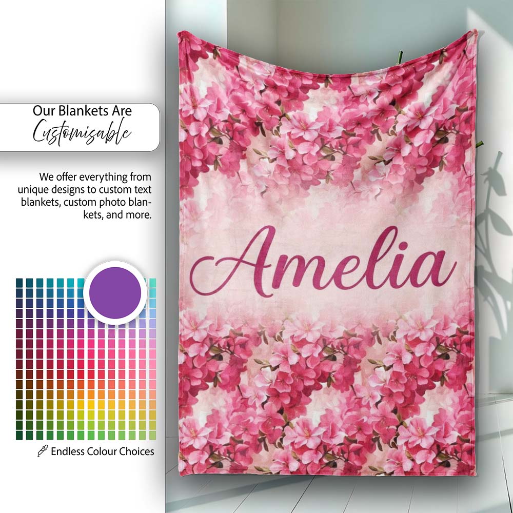 Romantic Pink Blossoms on Warm Pastel Background Seamless Pattern Personalised Custom Name Super Soft Fleece Blanket Bed Sofa Throw