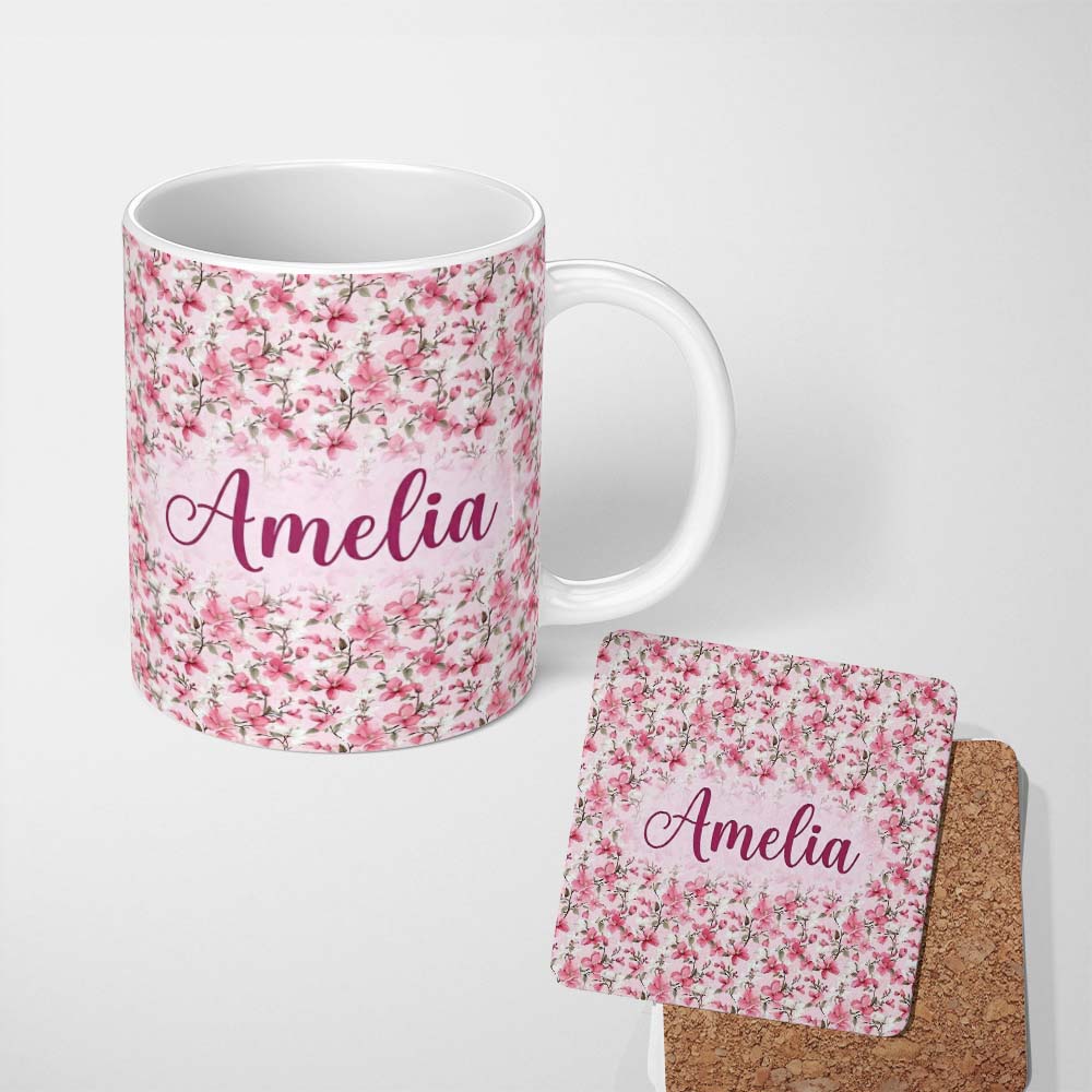 Personalized Custom Name Soft Pink Magnolia Blossom Branches on Pastel Background Seamless 11oz Ceramic Coffee Tea Mug White Large Handle