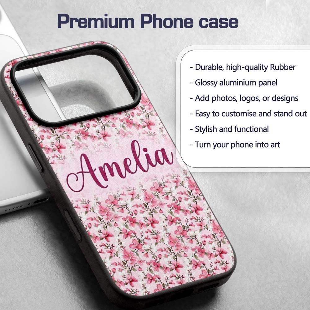 Soft Pink Magnolia Blossom Branches on Pastel Custom Name Protective Phone Case Mobile Cover Durable Everyday Smartphone Shock Resistant