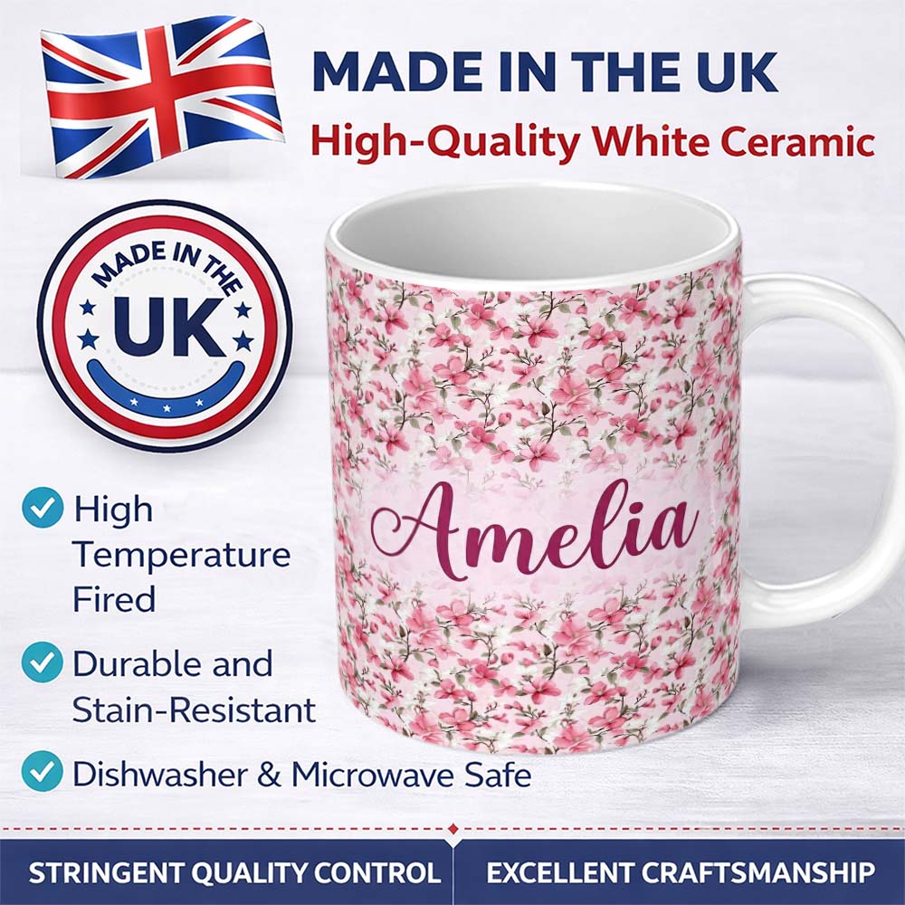 Personalized Custom Name Soft Pink Magnolia Blossom Branches on Pastel Background Seamless 11oz Ceramic Coffee Tea Mug White Large Handle