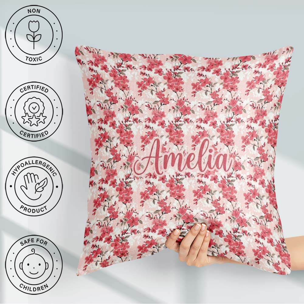 Custom Name Coral Cherry Blossom Branches on Background Seamless Square Filled Cushion Throw Pillow Sofa Bed Home Decor Zip Washable UK Made