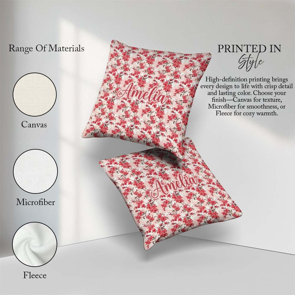 Custom Name Coral Cherry Blossom Branches on Background Seamless Square Filled Cushion Throw Pillow Sofa Bed Home Decor Zip Washable UK Made