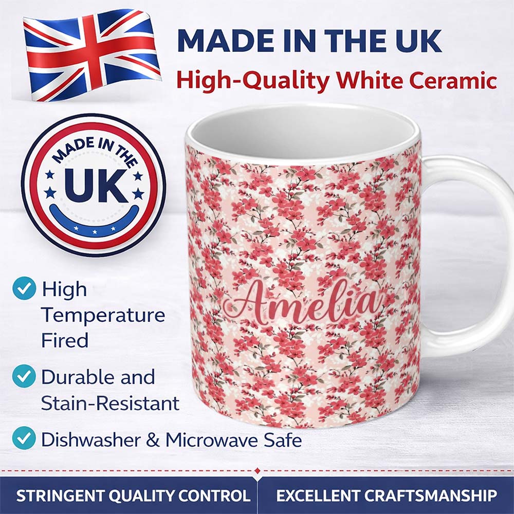 Personalized Custom Name Coral Cherry Blossom Floral Branches on Beige Background Seamless 11oz Ceramic Coffee Tea Mug White Large Handle