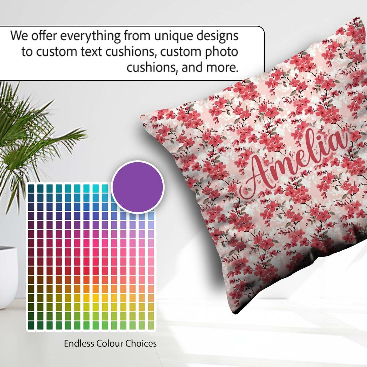 Custom Name Coral Cherry Blossom Branches on Background Seamless Square Filled Cushion Throw Pillow Sofa Bed Home Decor Zip Washable UK Made