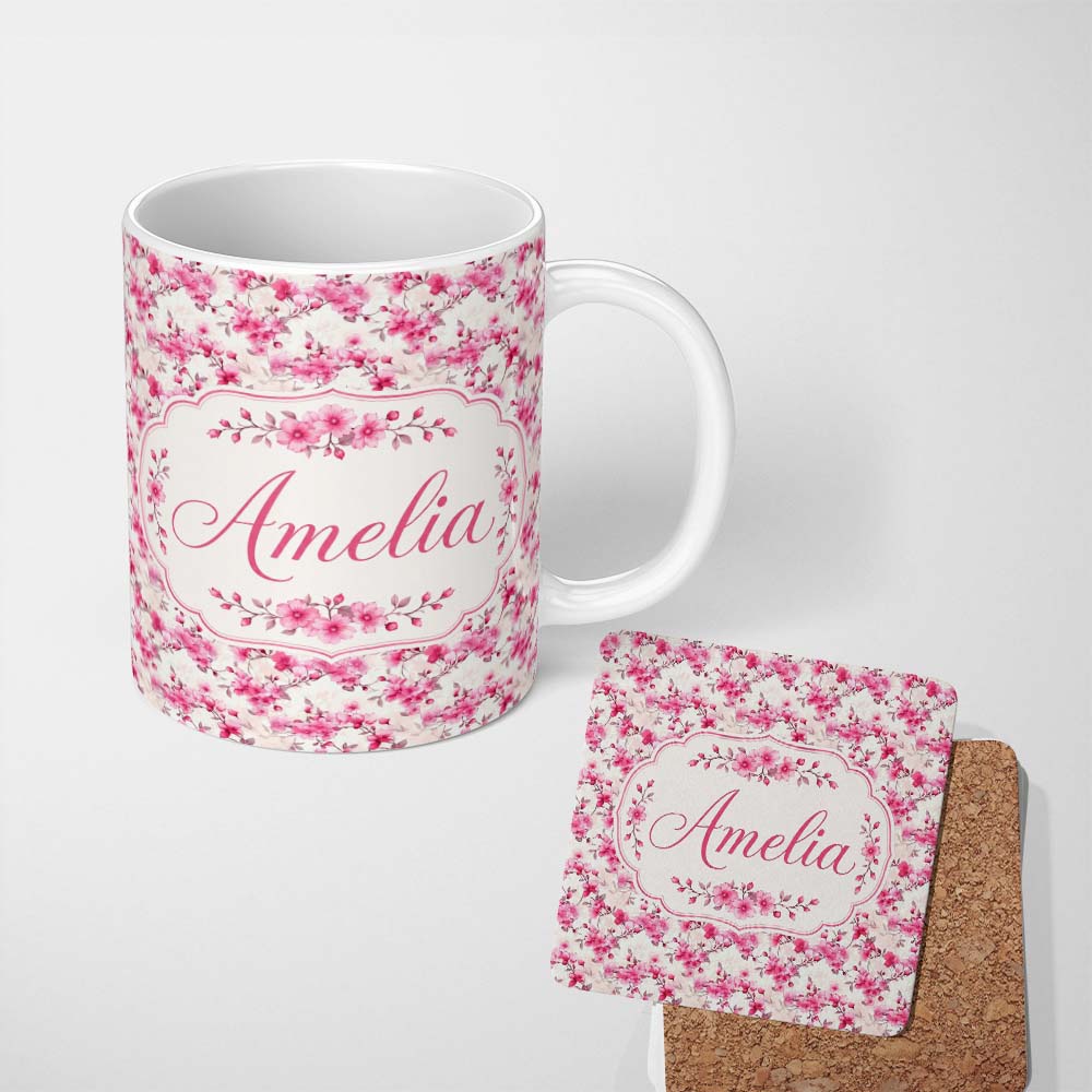 Personalized Custom Name Elegant Pink Sakura Blossom Branches on Neutral Background Seamless 11oz Ceramic Coffee Tea Mug White Large Handle