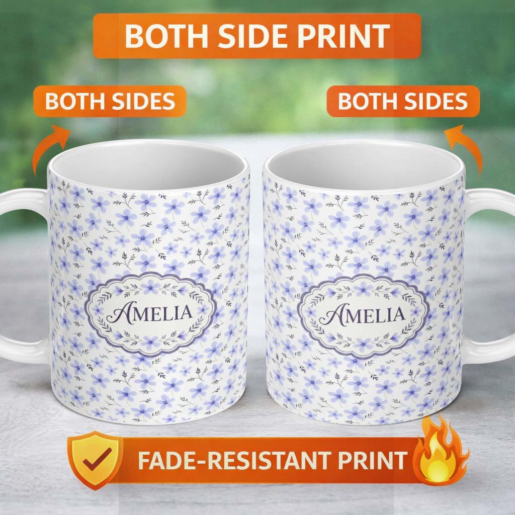 Personalized Custom Name Delicate Light Blue Floral Ditsy Seamless Pattern Cute Unique Gift 11oz Ceramic Coffee Tea Mug White Large Handle