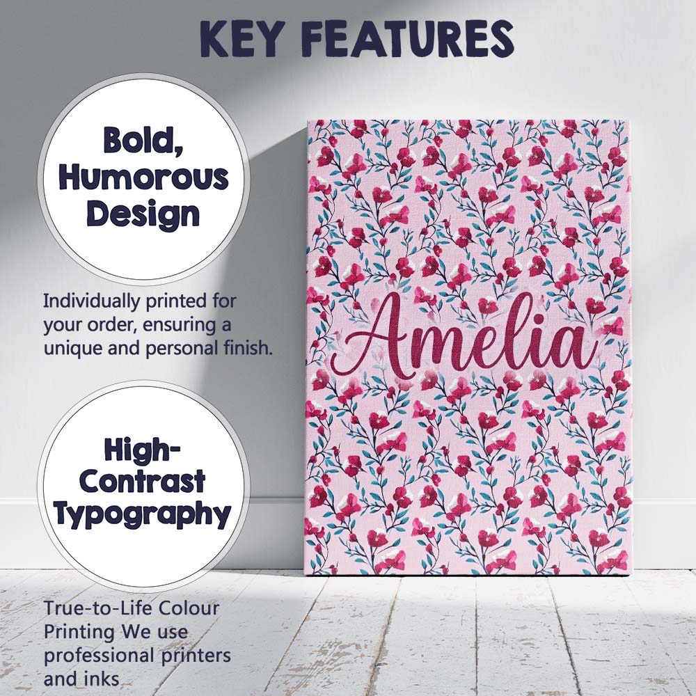 Personalised Name Modern Pink Floral Vine Custom Unique Gift Idea Elegant Feature Canvas Wall Art Print Decor Picture Ready to Hang