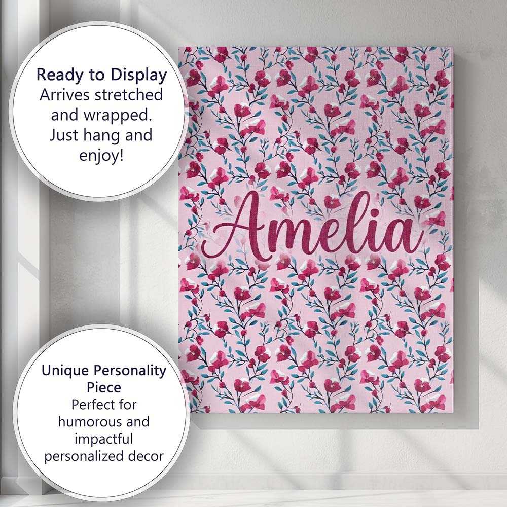 Personalised Name Modern Pink Floral Vine Custom Unique Gift Idea Elegant Feature Canvas Wall Art Print Decor Picture Ready to Hang