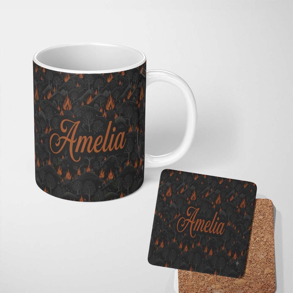 Personalized Custom Name Dark Forest Wildfire Landscape with Burning Trees Seamless Pattern 11oz Ceramic Coffee Tea Mug White Large Handle