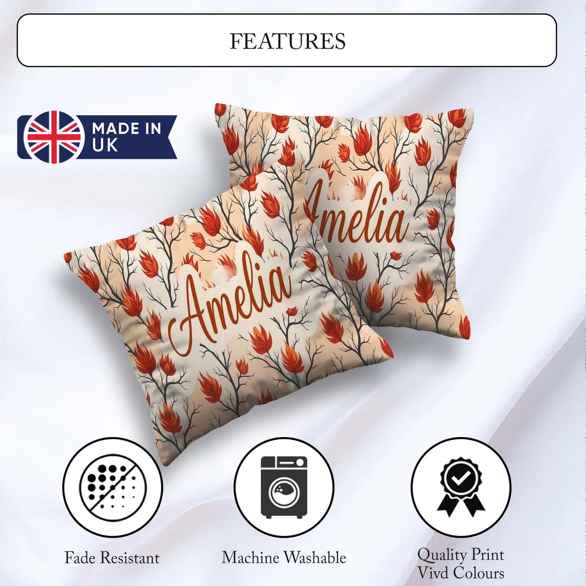 Custom Name Abstract Fire Elements with Burning Bushes on Light Square Filled Cushion Throw Pillow Sofa Bed Home Decor Zip Washable UK Made