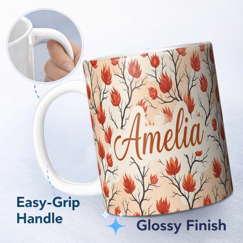 Personalized Custom Name Abstract Fire Elements with Burning Bushes on Light Background 11oz Ceramic Coffee Tea Mug White Large Handle