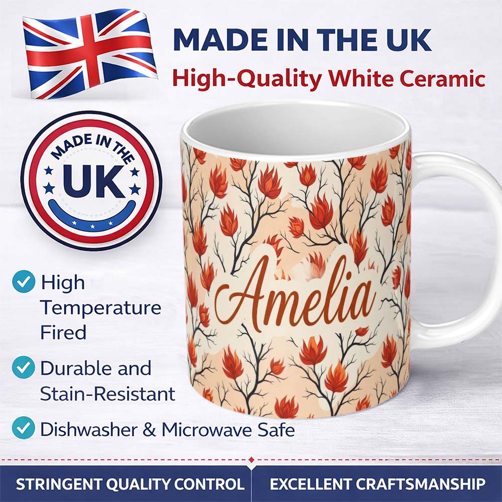 Personalized Custom Name Abstract Fire Elements with Burning Bushes on Light Background 11oz Ceramic Coffee Tea Mug White Large Handle