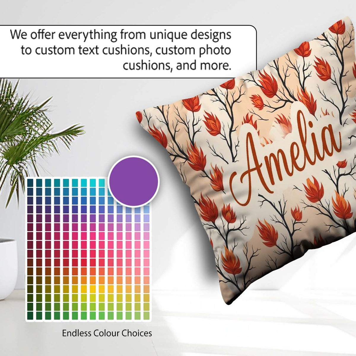 Custom Name Abstract Fire Elements with Burning Bushes on Light Square Filled Cushion Throw Pillow Sofa Bed Home Decor Zip Washable UK Made