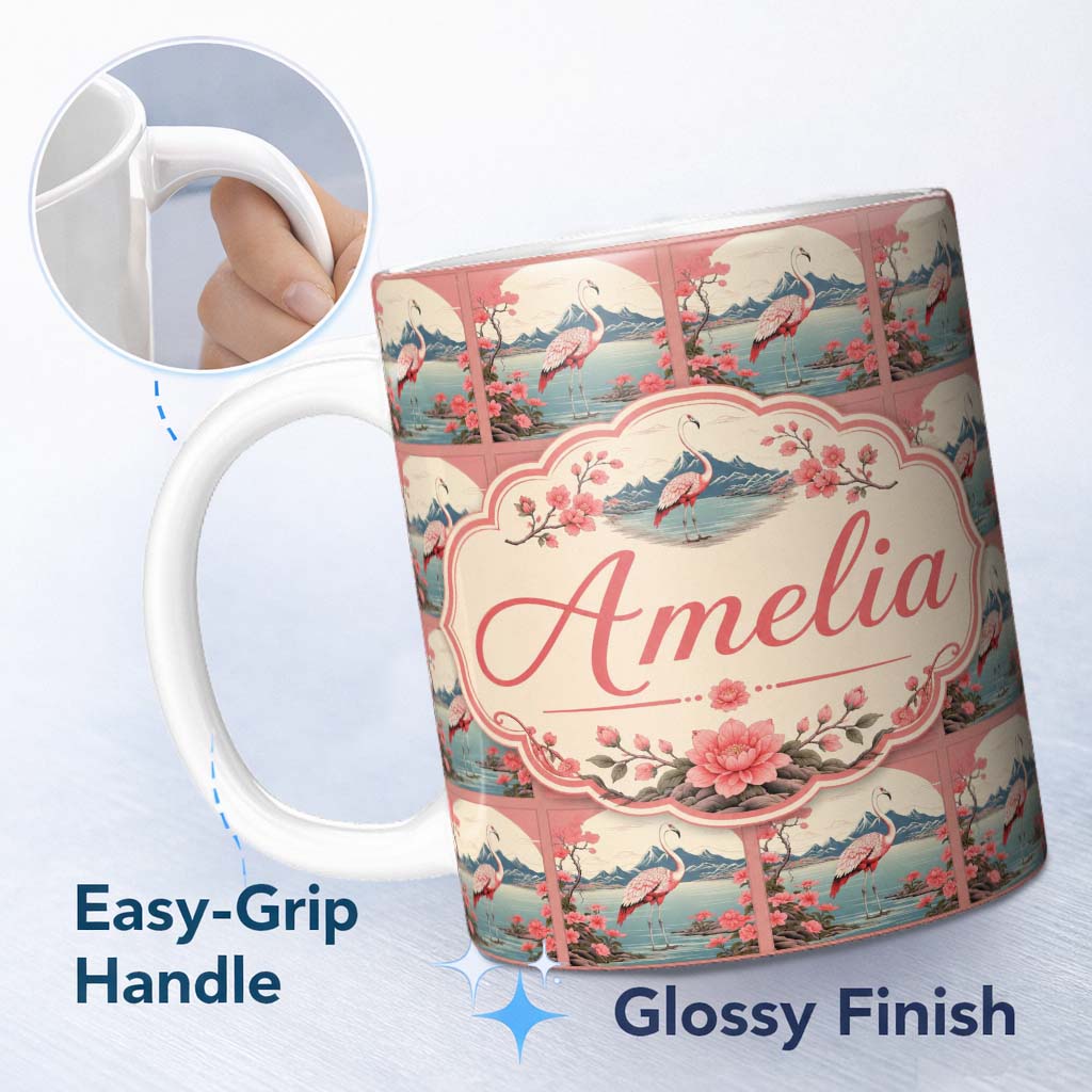 Personalized Custom Name Elegant Flamingo Lake with Cherry Blossom and Mountain Scene Lovely 11oz Ceramic Coffee Tea Mug White Large Handle