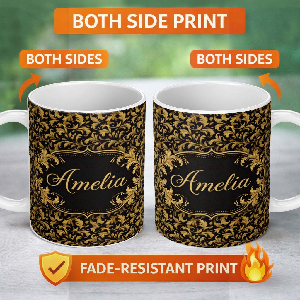 Personalized Custom Name Black Gold Baroque Floral Seamless Pattern Luxury Vintage Ornamental 11oz Ceramic Coffee Tea Mug White Large Handle