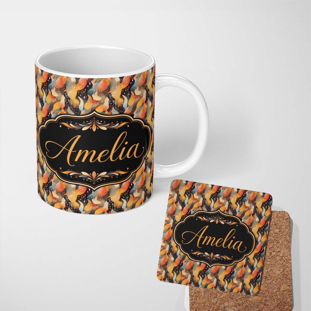 Personalized Custom Name Abstract Flowing Shapes in Warm Autumn Tones Seamless Pattern Name 11oz Ceramic Coffee Tea Mug White Large Handle