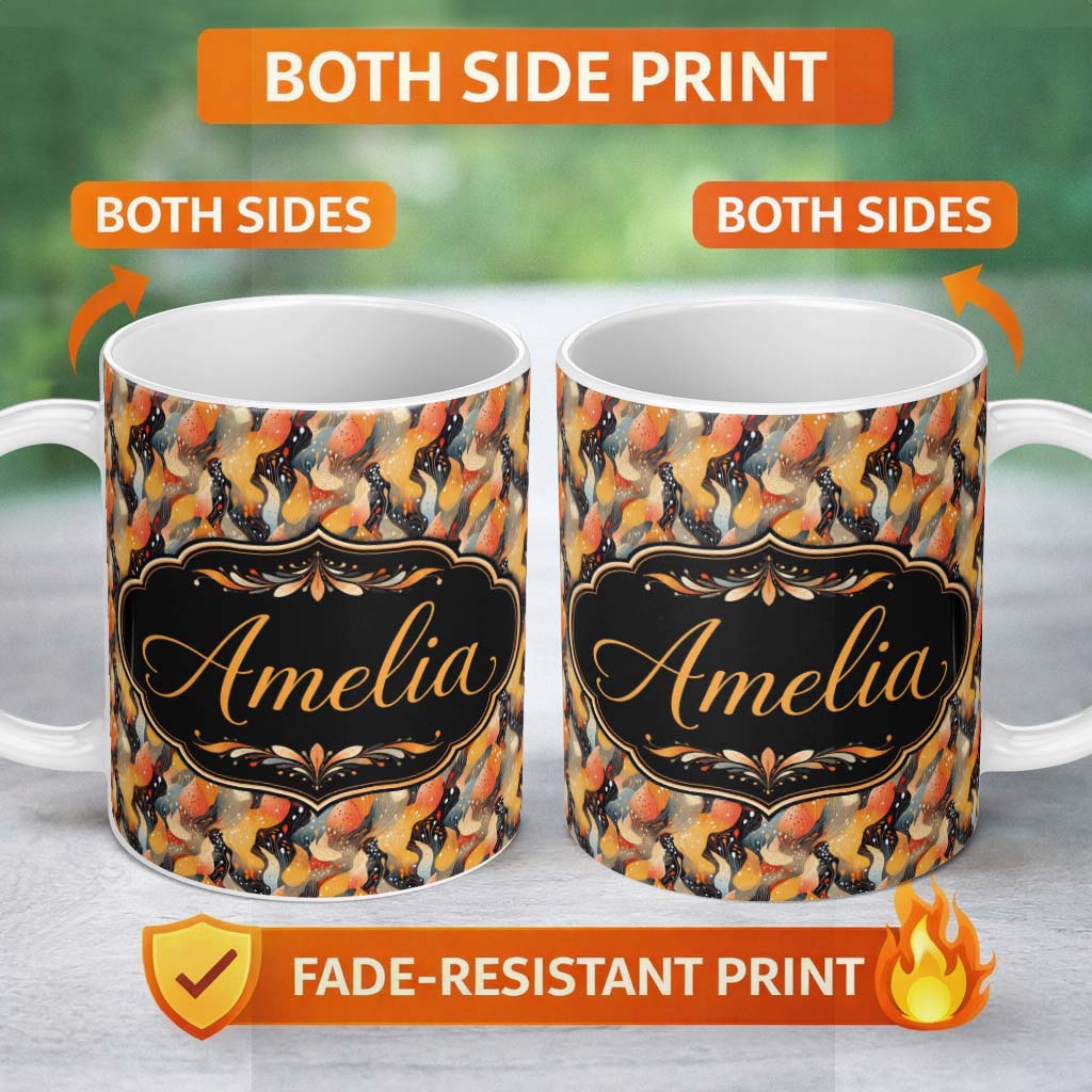 Personalized Custom Name Abstract Flowing Shapes in Warm Autumn Tones Seamless Pattern Name 11oz Ceramic Coffee Tea Mug White Large Handle