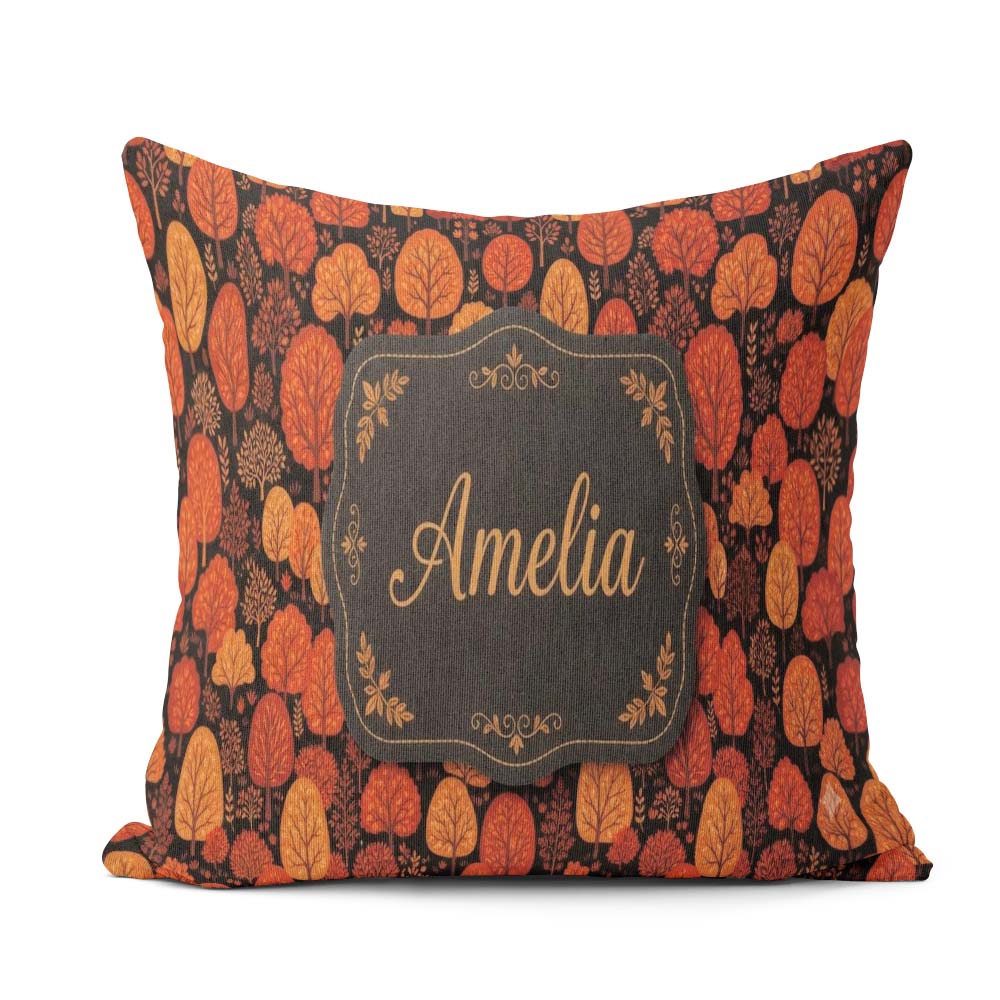 Custom Name Autumn Leaves in Warm Orange Tones on Dark Seamless Square Filled Cushion Throw Pillow Sofa Bed Home Decor Zip Washable UK Made