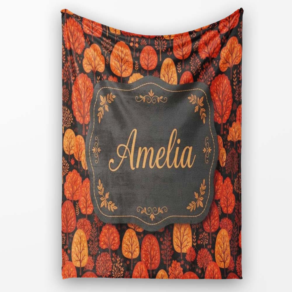 Autumn Leaves in Warm Orange Tones on Dark Background Seamless Personalised Custom Name Super Soft Fleece Blanket Bed Sofa Throw