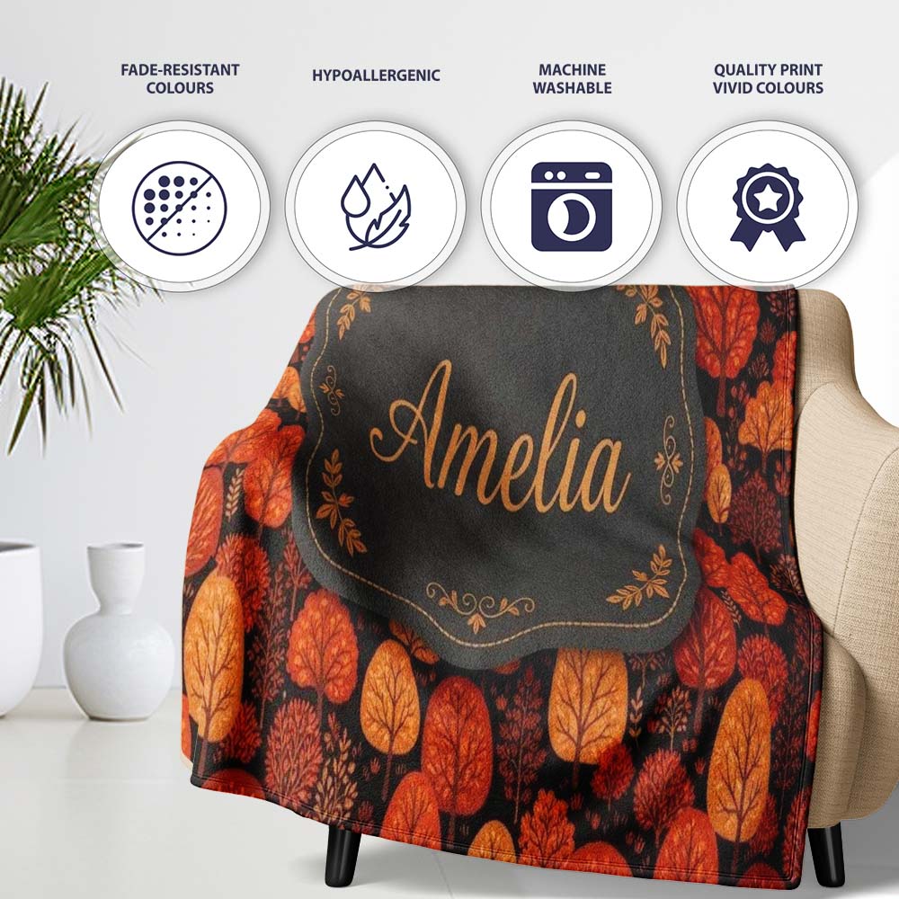 Autumn Leaves in Warm Orange Tones on Dark Background Seamless Personalised Custom Name Super Soft Fleece Blanket Bed Sofa Throw