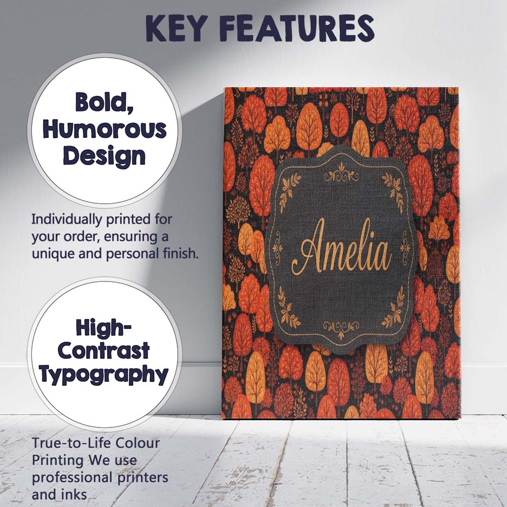 Personalised Name Autumn Leaves in Warm Custom Modern Room Accent Elegant Feature Canvas Wall Art Print Decor Picture Ready to Hang