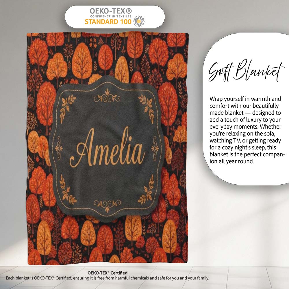 Autumn Leaves in Warm Orange Tones on Dark Background Seamless Personalised Custom Name Super Soft Fleece Blanket Bed Sofa Throw