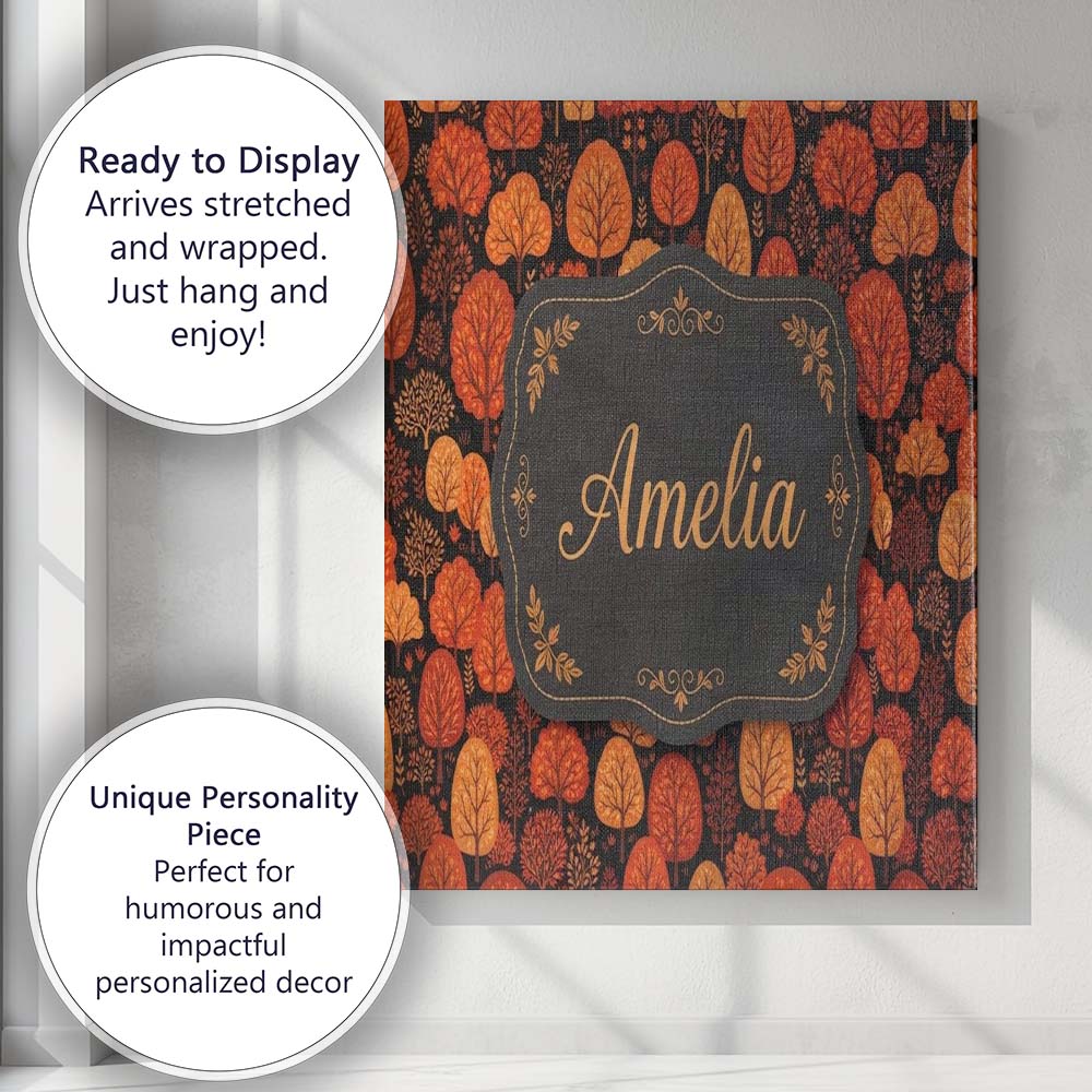 Personalised Name Autumn Leaves in Warm Custom Modern Room Accent Elegant Feature Canvas Wall Art Print Decor Picture Ready to Hang