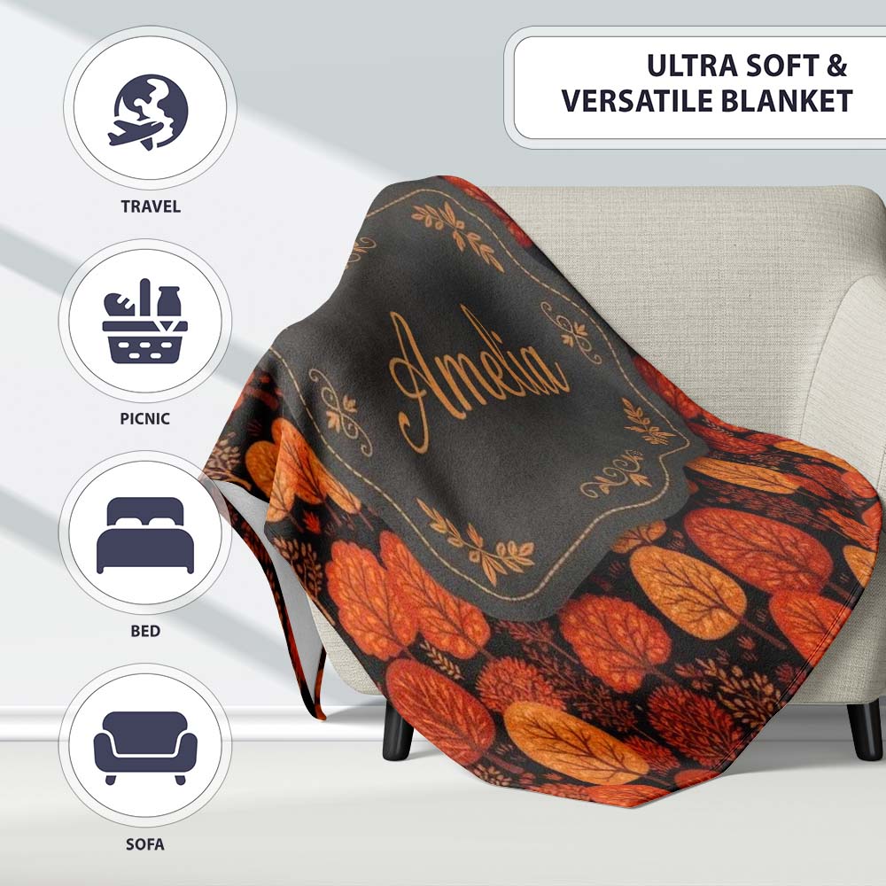 Autumn Leaves in Warm Orange Tones on Dark Background Seamless Personalised Custom Name Super Soft Fleece Blanket Bed Sofa Throw